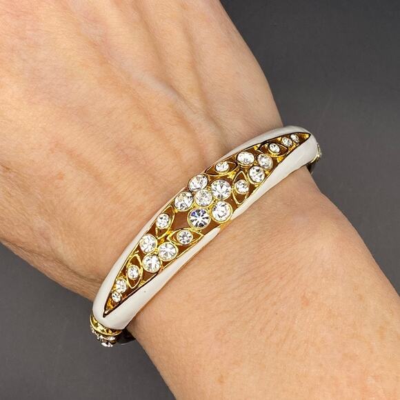 Vintage ERWIN PEARL Bracelet 10K GP White Enamel Crystal Linked Panels RARE - Picture 1 of 10